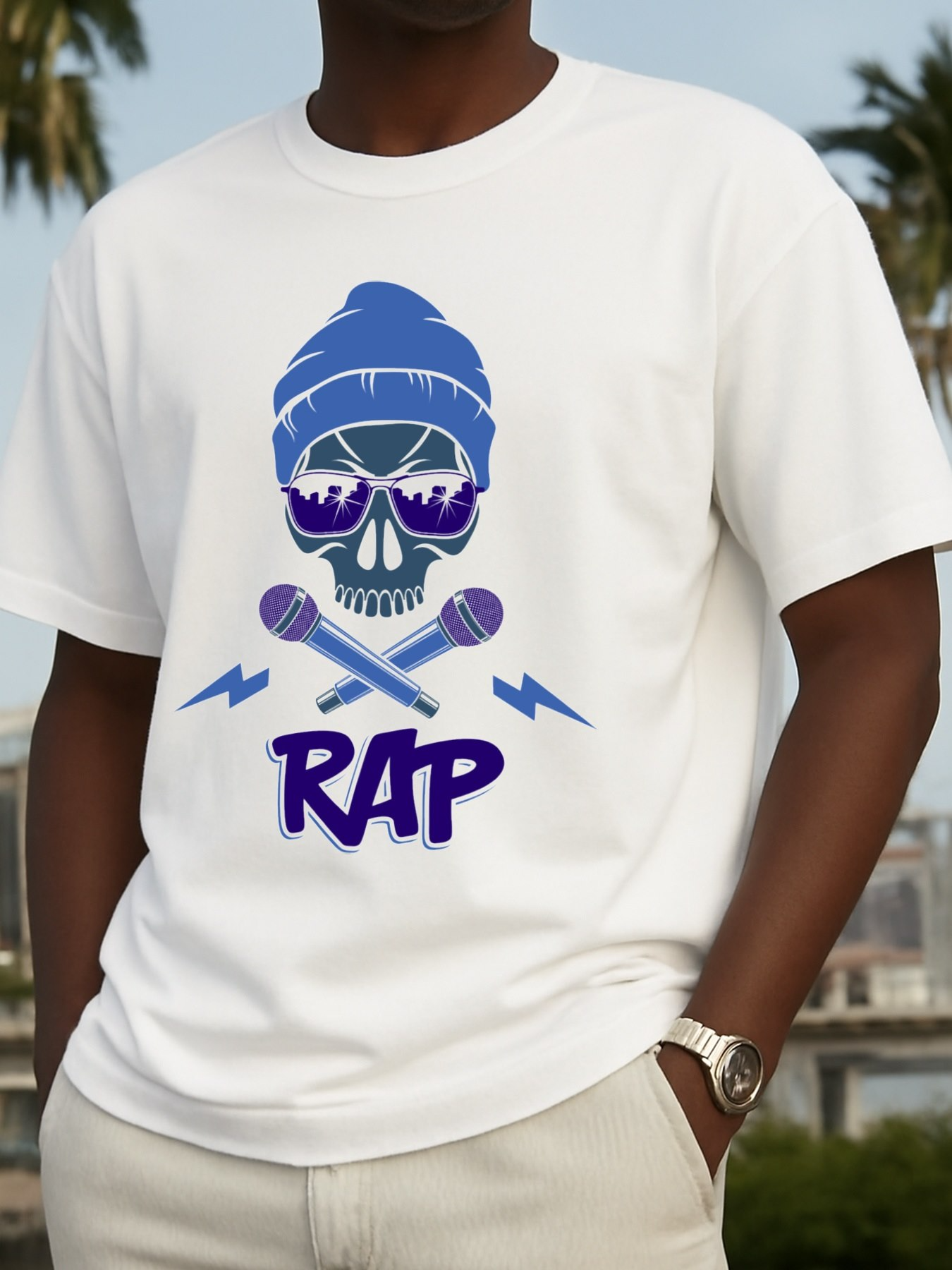 Men's Graphic T-Shirt Rap Bold Blue Hat Skull With Sunglasses Microphones And Lightning Skull