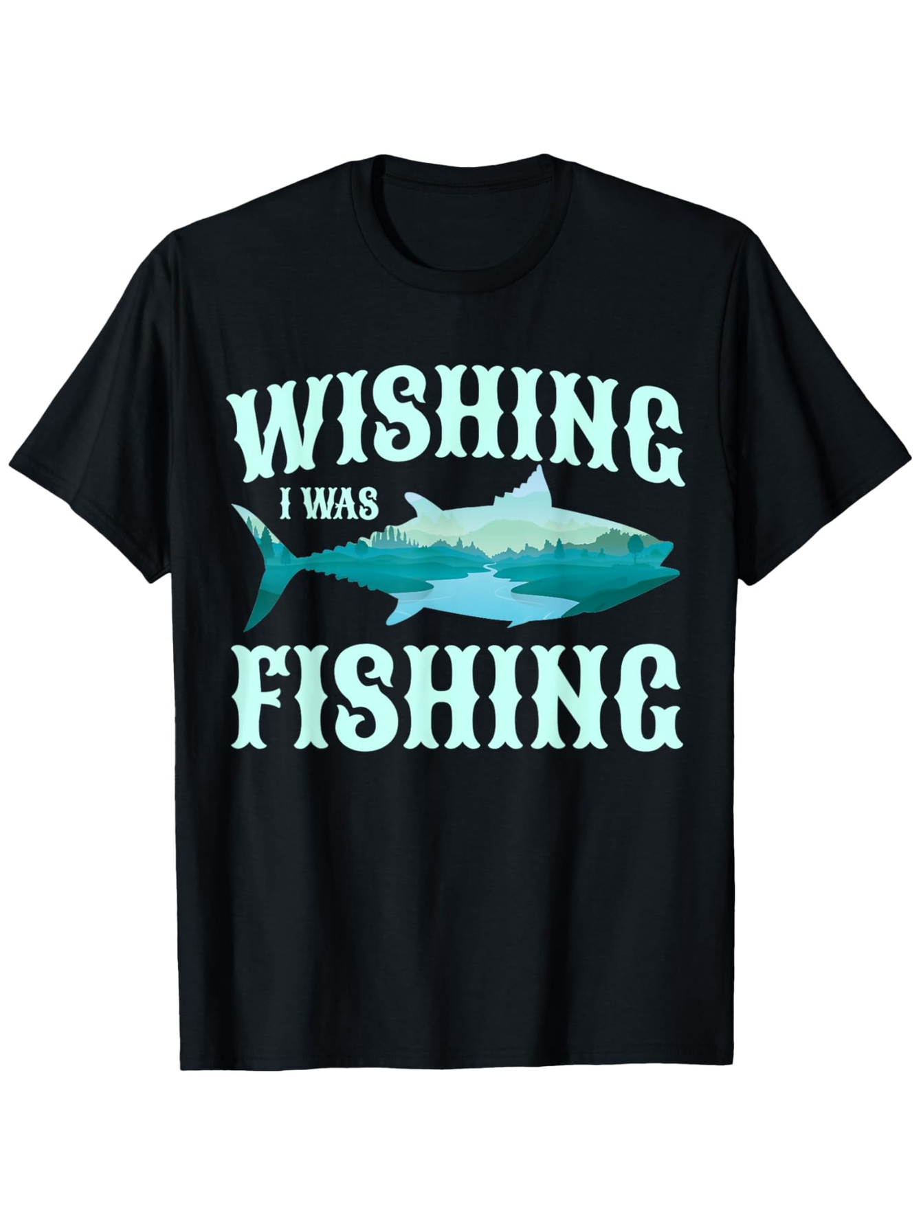 Men's Graphic T-Shirt Wishing I Was Fishing With Blue Watercolor Style Shark