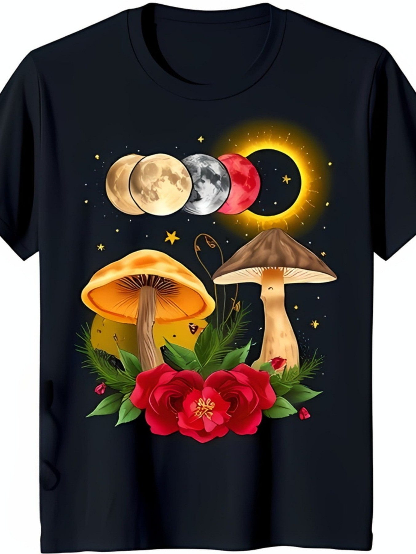 Men's Graphic T-Shirt Celestial Phases With Mushrooms And Vibrant Red Flowers Under Starry Night Sky