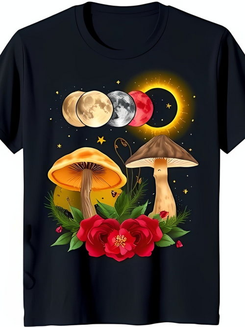 Men's Graphic T-Shirt Celestial Phases With Mushrooms And Vibrant Red Flowers Under Starry Night Sky