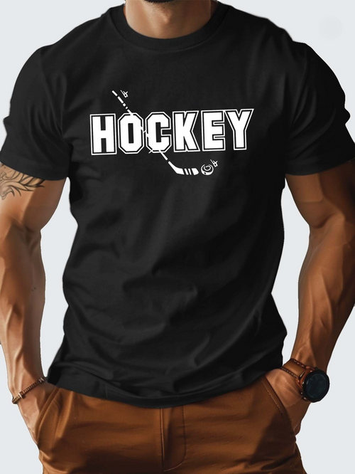 Men's Graphic T-Shirt Hockey Bold Text With Crossing Stick And Puck Design
