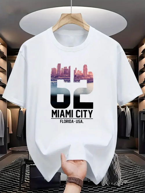 Men's Graphic T-Shirt Miami City Pastel Skyline With Evening Reflections And Tropical Vibe Number