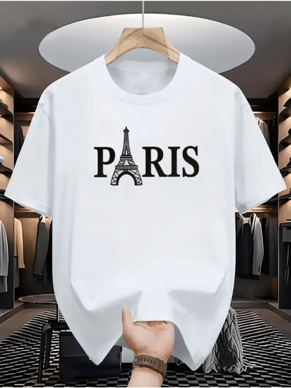 Men's Graphic T-Shirt Paris Text With Landmark Tower As Letter Design