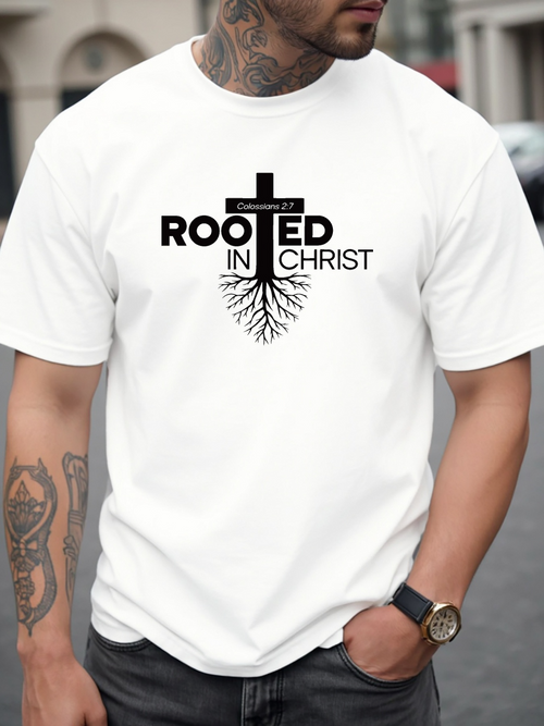 Men's Graphic T-Shirt Rooted In Christ Cross With Tree Roots And Inspiring Faith Symbol