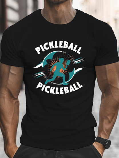 Men's Graphic T-Shirt Pickleball Game Action Figure Surrounded By Dynamic Motion Lines