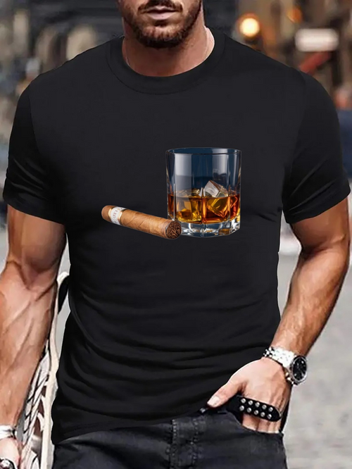 Men's Graphic T-Shirt Golden Whiskey With Ice And Cigar Resting On Black Shirt