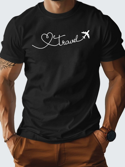 Men's Graphic T-Shirt Heart Line Art With Flying Airplane And Script Travel Text