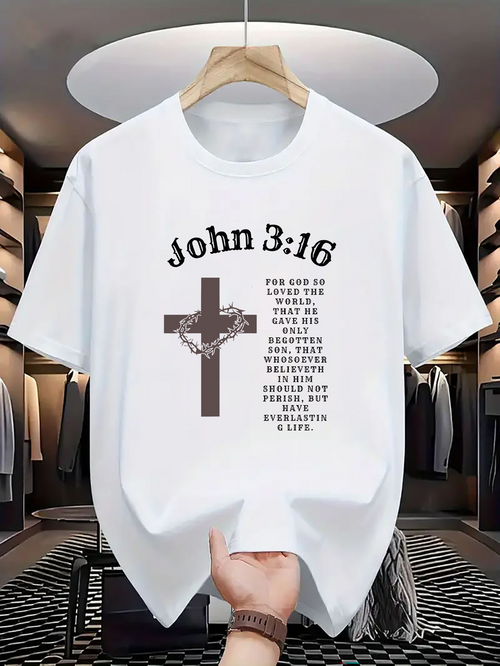 Men's Graphic T-Shirt John 316 Inspiring Bible Verse With Cross Graphic And Crown Of Thorns