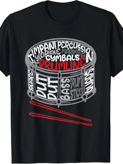 Men's Graphic T-Shirt Drumline Percussion Words With Silver Drumsticks And Cymbals Drum
