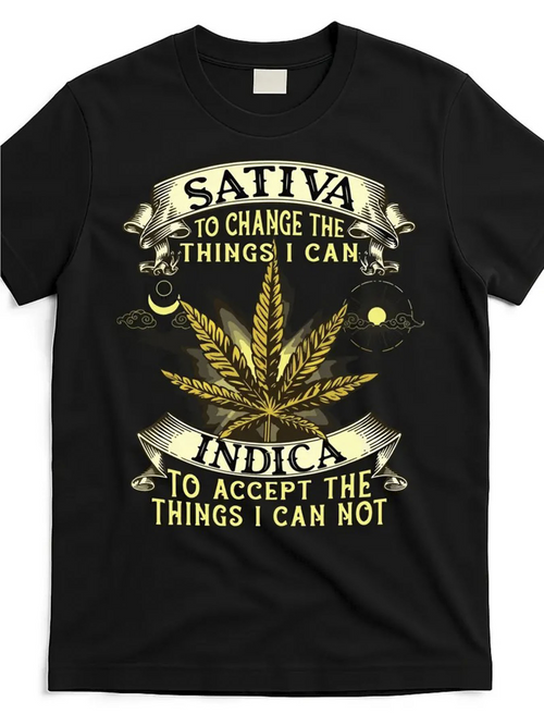 Men's Graphic T-Shirt Sativa Indica With Gold Marijuana Leaf Surrounded By Decorative Scrolls