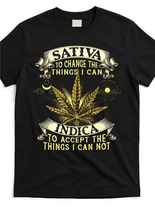 Men's Graphic T-Shirt Sativa Indica With Gold Marijuana Leaf Surrounded By Decorative Scrolls