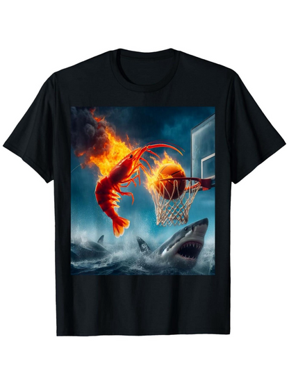 Men's Graphic T-Shirt Fiery Motion Over Water With Shark Basketball Hoop Lobster