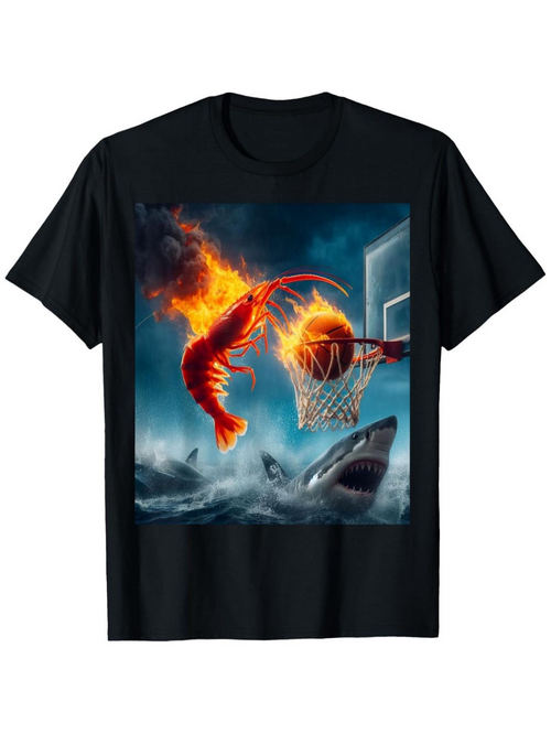 Men's Graphic T-Shirt Fiery Motion Over Water With Shark Basketball Hoop Lobster