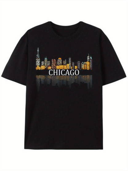 Men's Graphic T-Shirt Chicago Illuminated City Skyline Reflected Over Nighttime Waters