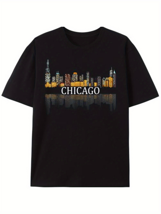 Men's Graphic T-Shirt Chicago Illuminated City Skyline Reflected Over Nighttime Waters