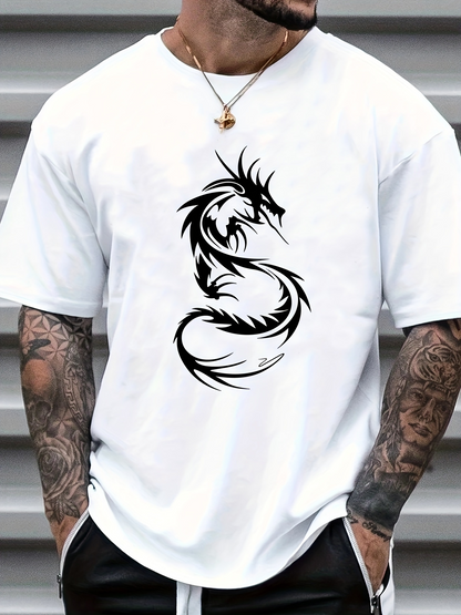 Men's Graphic T-Shirt Bold Black Ink With Spiky Line Motif Forming Fierce Powerful Dragon