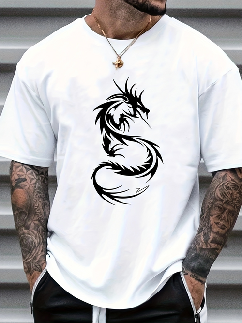 Men's Graphic T-Shirt Bold Black Ink With Spiky Line Motif Forming Fierce Powerful Dragon