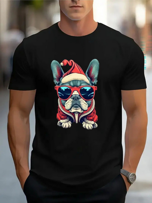 Men's Graphic T-Shirt Colorful Sunglasses And Red Hoodie On French Bulldog