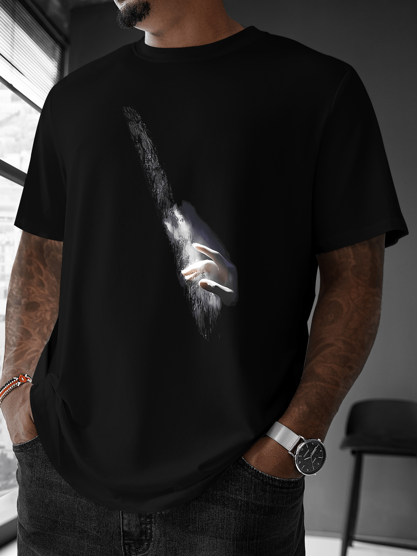 Men's Graphic T-Shirt Glimmering Light Emanating Through Soft Shadows With Reaching Human Hand