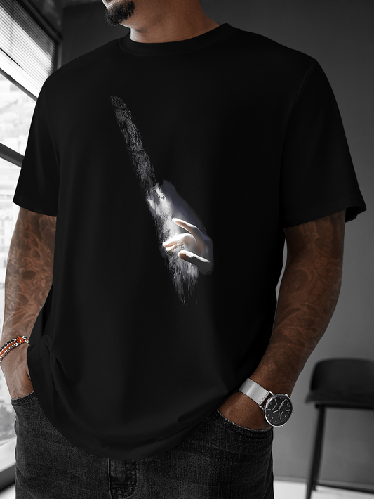 Men's Graphic T-Shirt Glimmering Light Emanating Through Soft Shadows With Reaching Human Hand