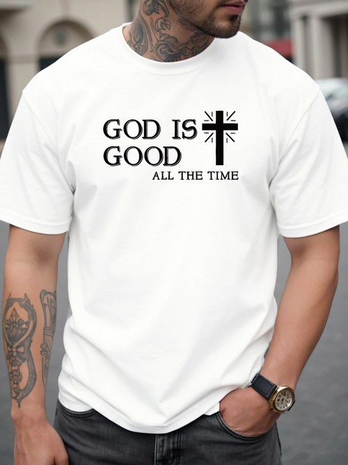 Men's Graphic T-Shirt God Is Good All The Time With Minimalist Cross Faith Symbol