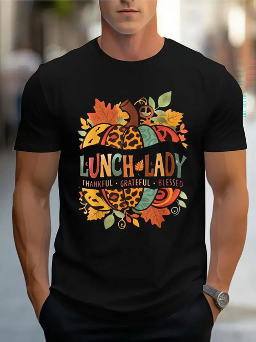 Men's Graphic T-Shirt Lunch Lady Autumn Leaves And Patterned Pumpkin Surrounded By Foliage