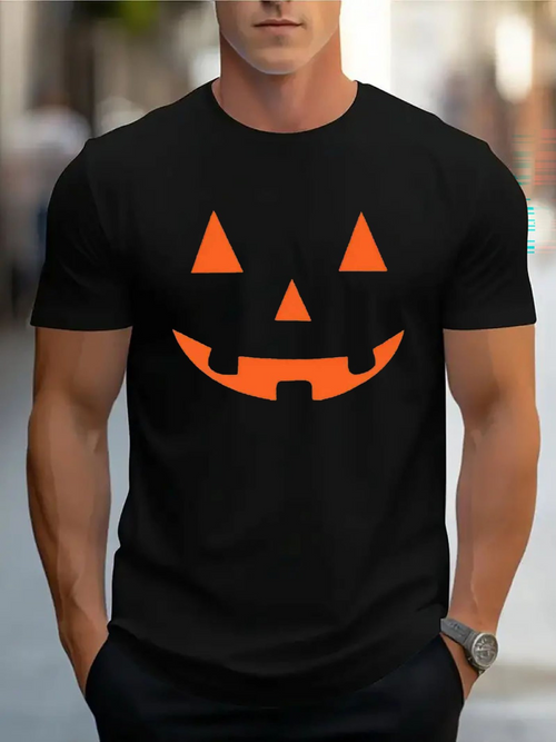 Men's Graphic T-Shirt Bright Orange Triangular Shapes On Festive Halloween Pumpkin Face