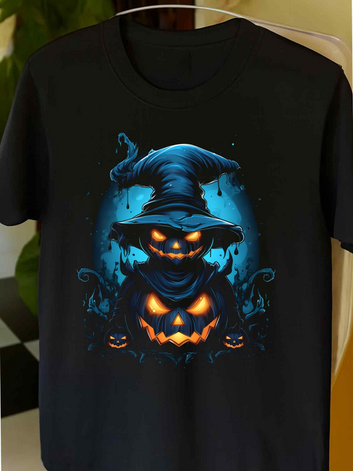 Men's Graphic T-Shirt Glowing Blue Flames With Wicked Smiling Pumpkins In Witch Hat Jack O Lantern