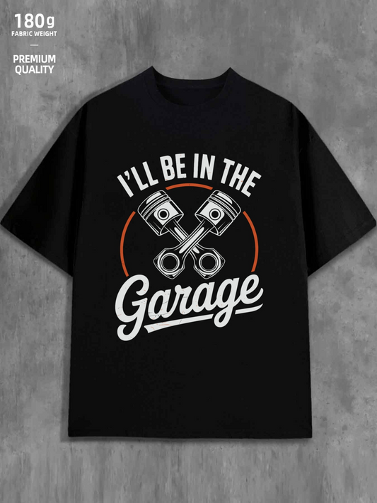 Men's Graphic T-Shirt Ill Be In The Garage With Metallic Pistons Under Curved Orange Line