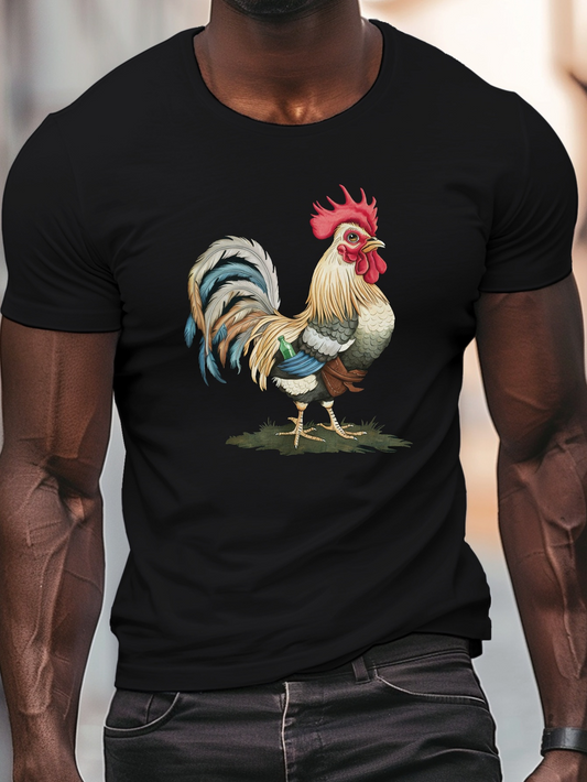 Men's Graphic T-Shirt Vintage Farmyard Illustration With Proud Colorful Tail Feathers Rooster