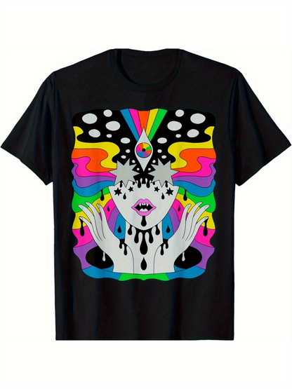 Men's Graphic T-Shirt Surreal Colorful Rainbow With Melting Eyes And Dripping Paint Face