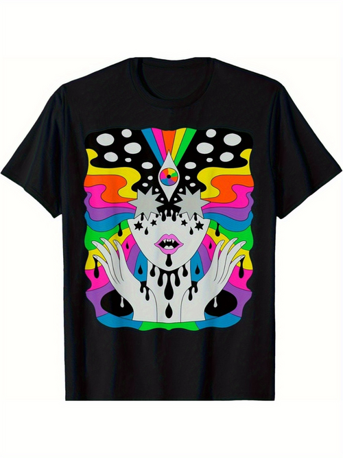 Men's Graphic T-Shirt Surreal Colorful Rainbow With Melting Eyes And Dripping Paint Face