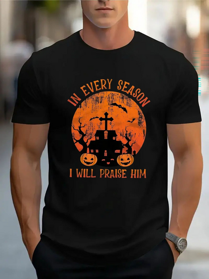 Men's Graphic T-Shirt In Every Season Orange Full Moon With Spooky Trees Pumpkins And Old Cross Cemetery