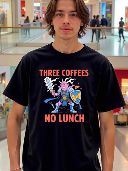 Men's Graphic T-Shirt Three Coffees No Lunch Cartoon Fantasy Hero With Sword And Coffee Shield