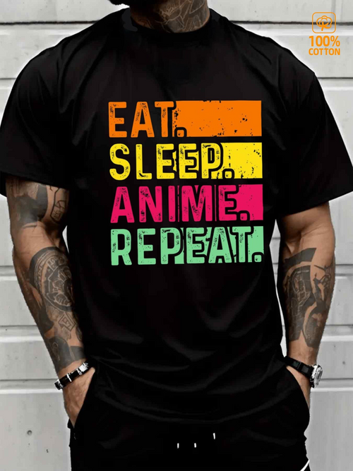 Men's Graphic T-Shirt Eat Sleep Vibrant Colors With Anime Inspired Graphic Text Repeat