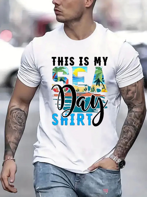 Men's Graphic T-Shirt This Is My Sea Day Shirt With Palm Trees Waves Sun On White Shirt