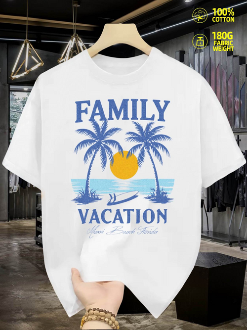 Men's Graphic T-Shirt Family Vacation Palm Trees Sun And Ocean With Relaxing Beach Scene