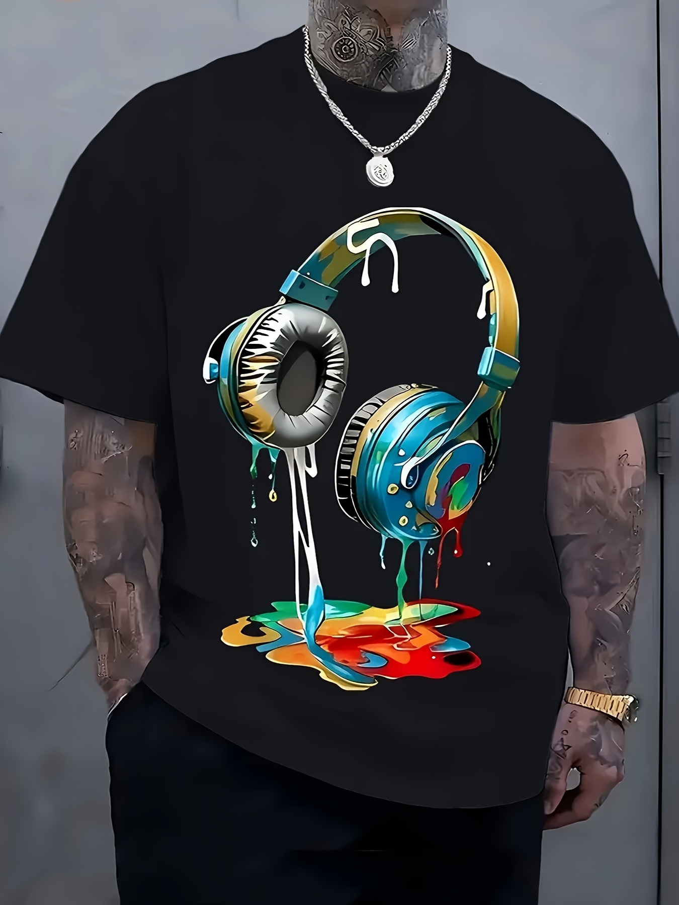 Men's Graphic T-Shirt Colorful Paint Splatters Dripping With Dynamic Headphones Artwork Headphone
