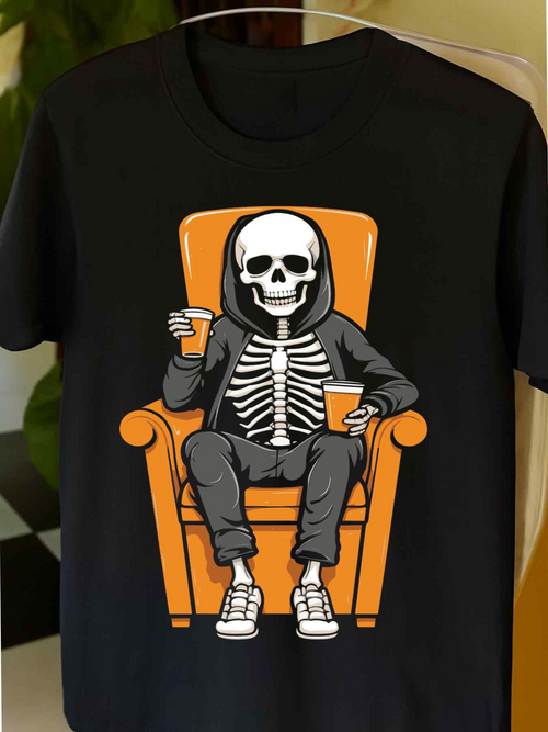 Men's Graphic T-Shirt Laid Back Skeleton In Hoodie On Lounge Chair