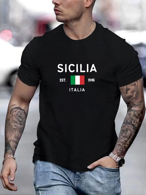 Men's Graphic T-Shirt Sicilia Italia Italian Flag Inspired Black T Shirt