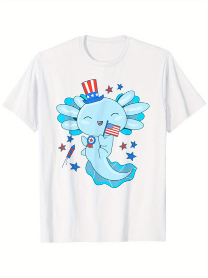 Women's Graphic T-Shirt Cute Blue Axolotl Wearing Patriotic Hat Holding Us Flag Surrounded By Stars