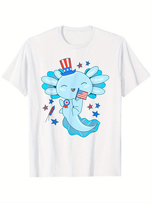 Women's Graphic T-Shirt Cute Blue Axolotl Wearing Patriotic Hat Holding Us Flag Surrounded By Stars