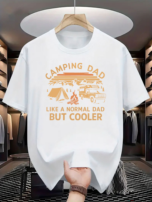 Men's Graphic T-Shirt Camping Dad Like A Normal Dad But Cooler With Tents Trees Campfire And SUV Under Bright Sky