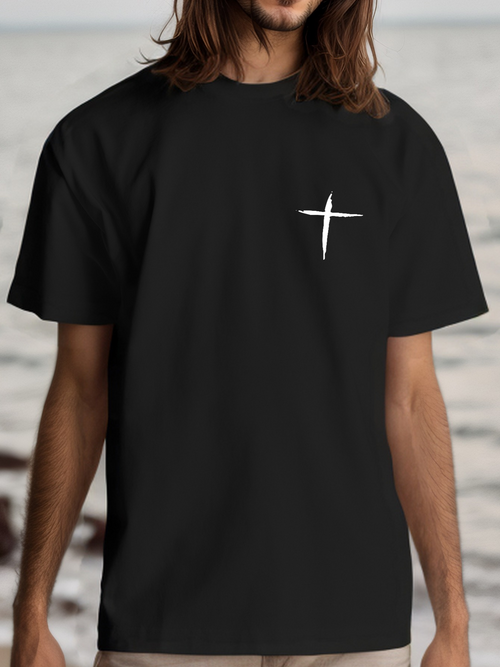 Men's Graphic T-Shirt Minimalist Cross Symbol On Black Cotton Short Sleeve T Shirt