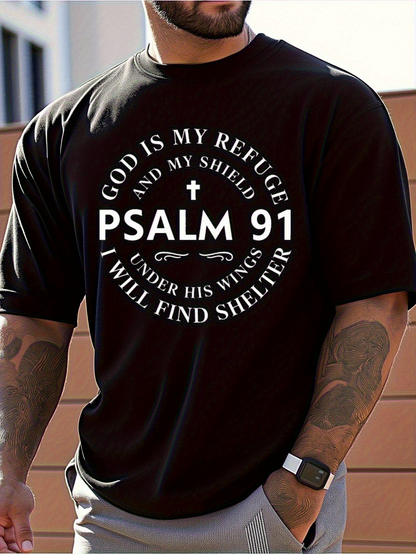 Men's Graphic T-Shirt Psalm 91 Verse In Circular Layout With Simple Cross Motif