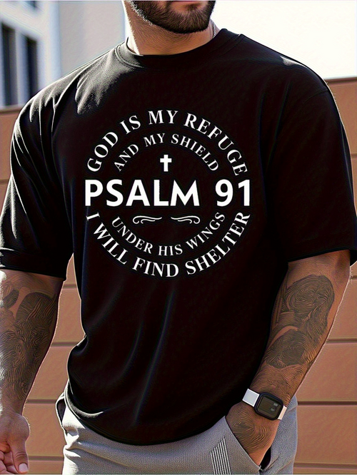 Men's Graphic T-Shirt Psalm 91 Verse In Circular Layout With Simple Cross Motif