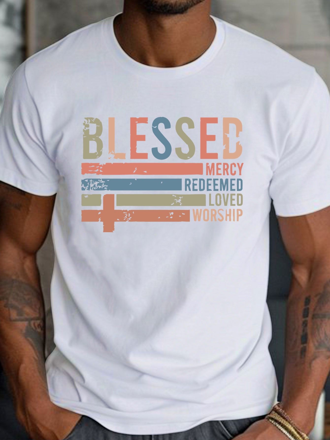 Men's Graphic T-Shirt Blessed Redeemed Loved Mercy Worship Pastel Colored Christian Cross
