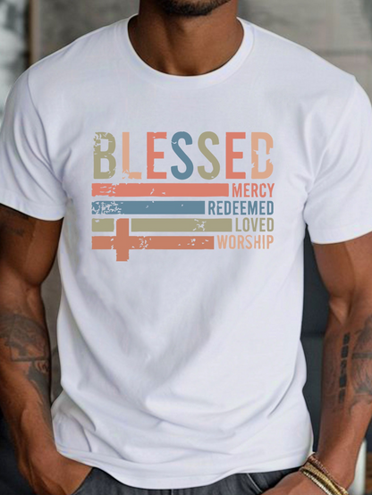 Men's Graphic T-Shirt Blessed Redeemed Loved Mercy Worship Pastel Colored Christian Cross