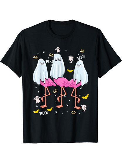 Men's Graphic T-Shirt Boo Halloween Ghost Costumes With Pink Flamingos And Yellow Bats