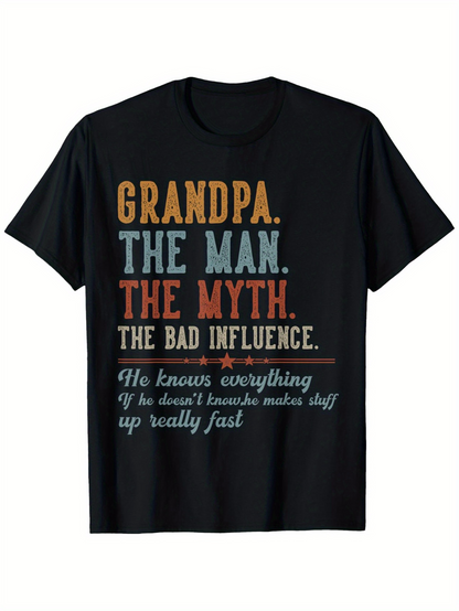 Men's Graphic T-Shirt Grandpa The Man The Myth Bad Influence Typography On Casual Black Shirt